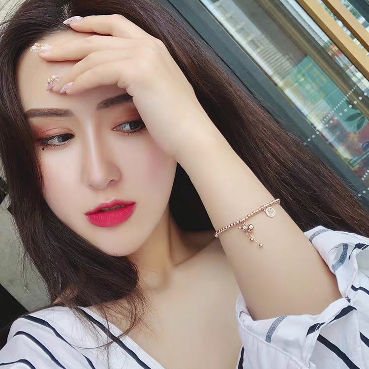 Vòng Tay May Mắn Mạ Vàng Hồng 18K Đính Hạt Tròn Nhiều Màu Sắc Bằng Thép Titan Dễ Phối Đồ