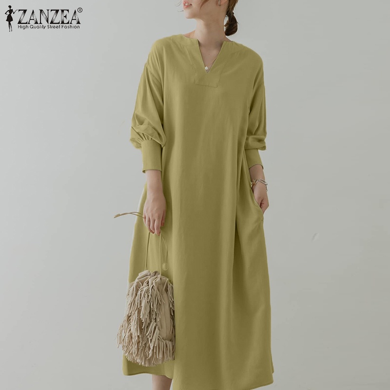 Đầm maxi ZANZEA tay dài cổ chữ V dáng rộng màu trơn thời trang Hàn Quốc
