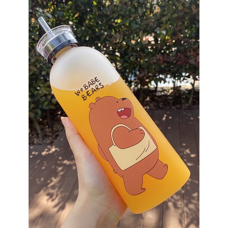 Bình Nước Nhựa Trong Suốt Cỡ Lớn Chống Tràn 1000Ml In Hình Gấu Đáng Yêu