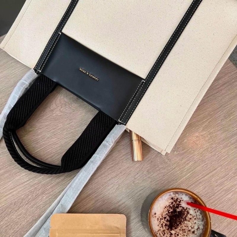 TNS - Túi tote form vuông công sở vừa laptop siêu hottrend C•and•K field tote bag-chất canvas-trắng phối đen sang trọng