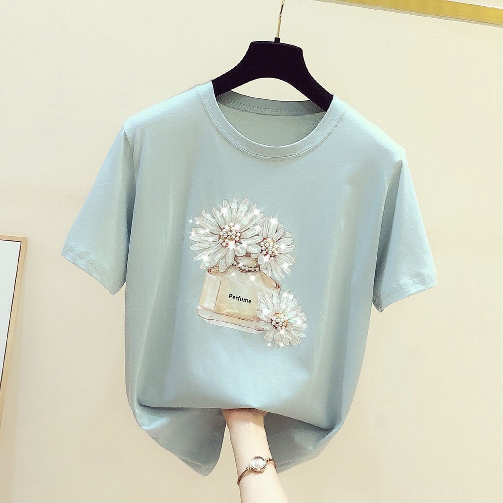 Áo thun ngắn tay in hình hoa cúc nhỏ thời trang mùa hè Hàn Quốc hạt cườm nhỏ 100% cotton