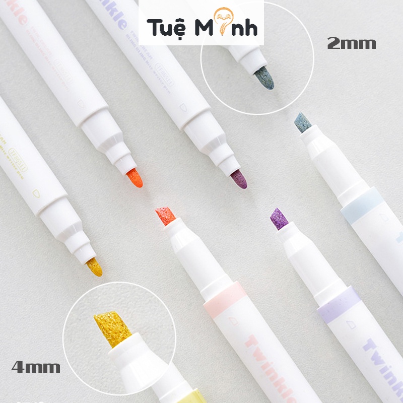 Bộ 4 bút higlight 2 đầu nhũ kim tuyến Twinkle B43 màu dạ quang ánh kim bút nhớ Pastel