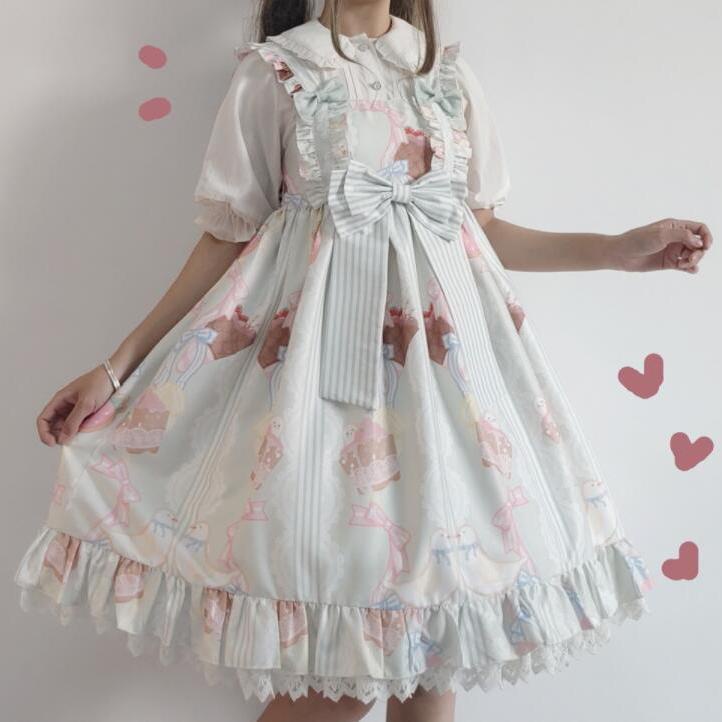 Đầm Yếm Đính Nơ Mềm Mại Phong Cách Lolita Nhật Bản Xinh Xắn Cho Bé Gái