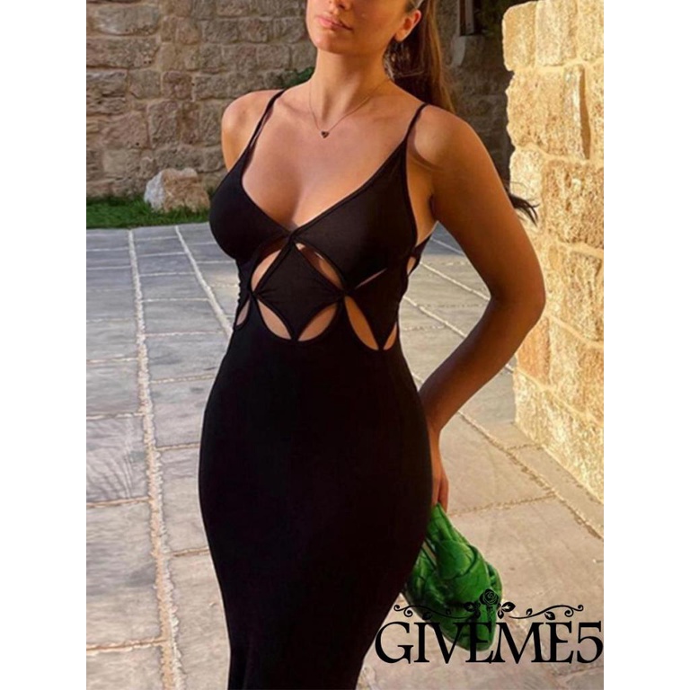 Đầm Dài Hai Dây Cổ Chữ V Màu Đen Trơn Thời Trang Cho Nữ