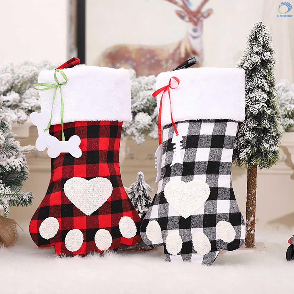 【FLY】Christmas Stockings Red and Black Plaid Dog Paw Stocking Hanging Christmas Tree Gift Bag Candy Bag Christmas Tree Decoration Accessories