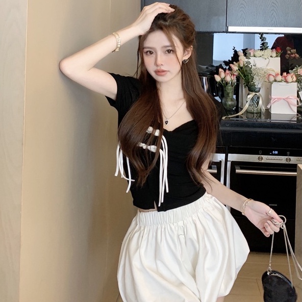 Áo thun ZHELIHANGFEI dệt kim ngắn tay phối nút thời trang cho nữ