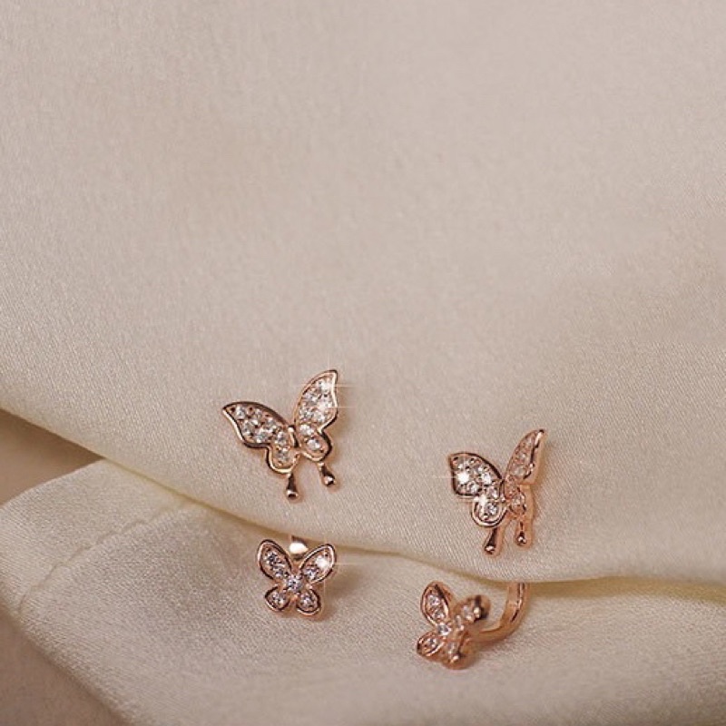 Khuyên tai bạc 925 SUMMERY hình bướm đính đá chốt sau đeo 2 kiểu S925 mạ vàng hồng