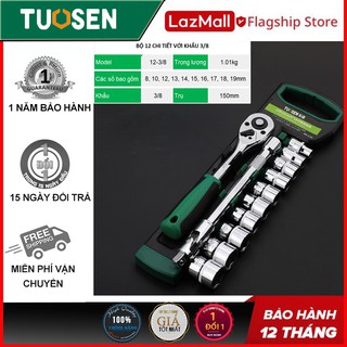 Bộ xiết mở ốc 12 chi tiết, bộ khẩu 12 chi tiết 3/8 ,tự động 2 chiều với cần xiết 3/8, trụ 150mm chính hãng tuosen