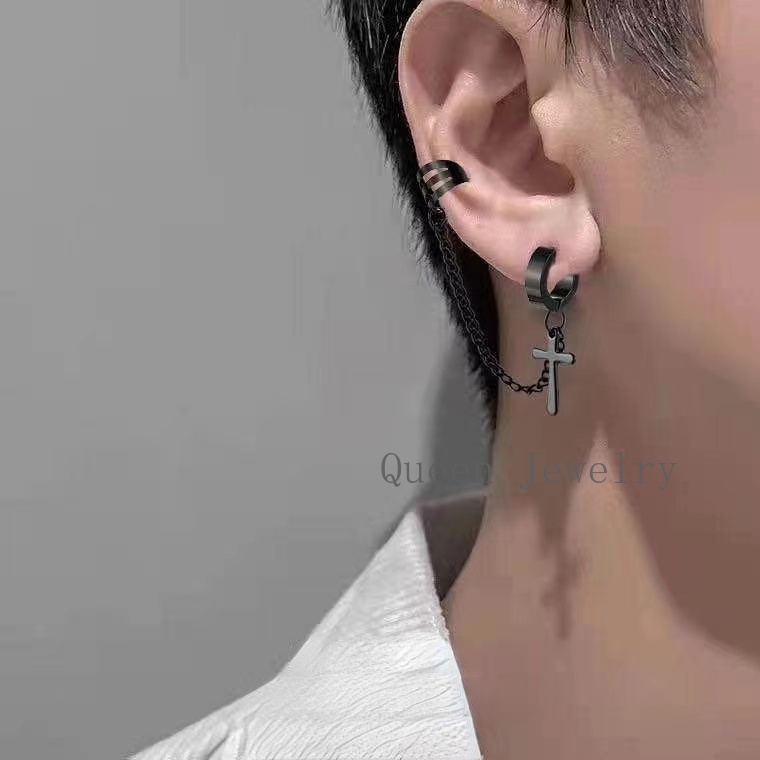 Hoa tai tròn màu đen/ bạc bằng thép không gỉ phong cách Hàn Quốc