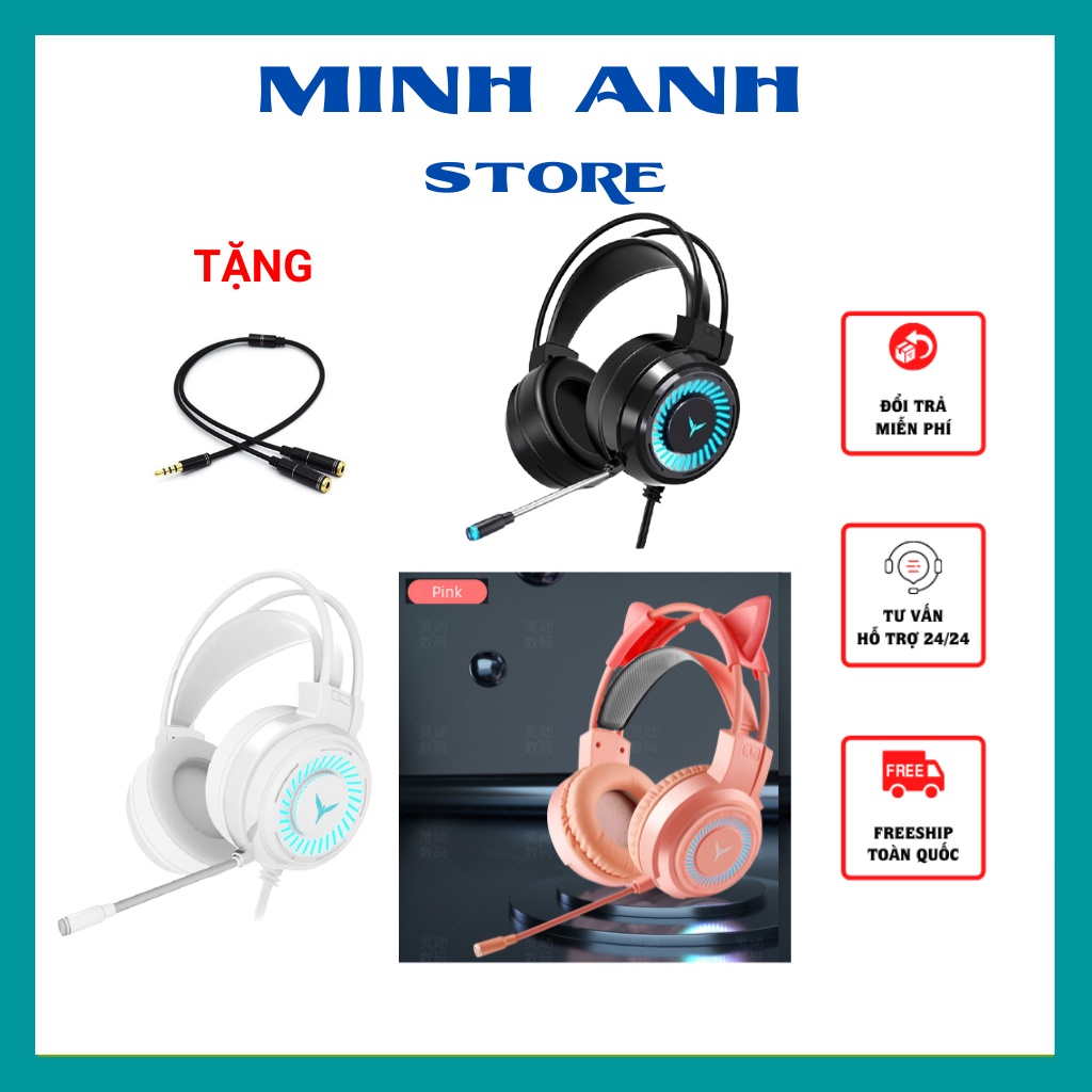 Tai nghe mèo chụp tai có dây Gaming có đèn Led và Mic, headphone cho PC/laptop giá rẻ