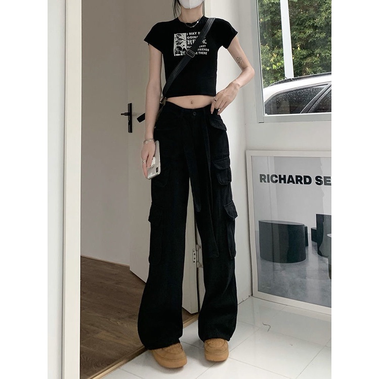 ❏Quần Yếm Jean Ống Rộng Phối Túi Phong Cách Đường Phố Mỹ Cá Tính