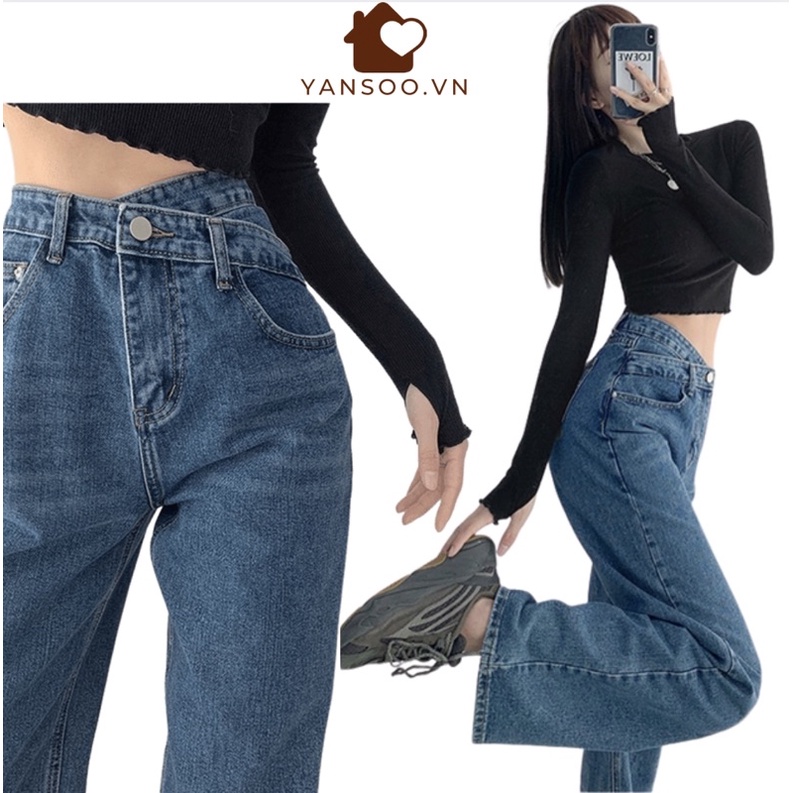 Quần jean ống rộng nữ một khuya cạp lệch xanh đậm , quần bò cullotes cạp cao hách dáng YANSOO