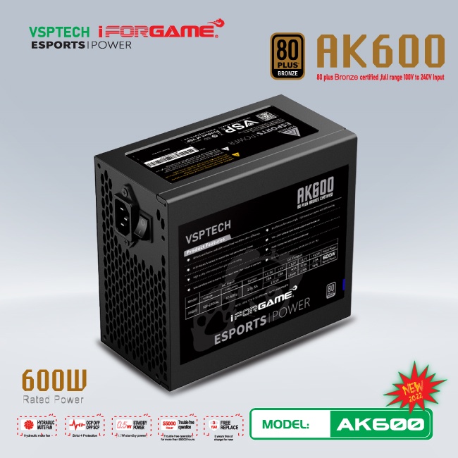 Bộ nguồn máy tính VSPTECH - iForgame AK600 80PLUS BRONZE công suất thực cho Dual Xeon, máy 2 Vga