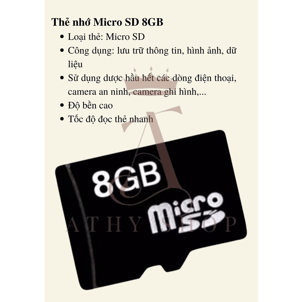 Thẻ nhớ micro SD 8GB, memory card siêu bền tốc độ cao 8 GB 8 gigabyte, lưu trữ máy ảnh, điện thoại, camera, tablet