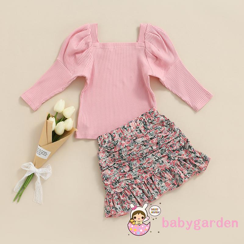 Bộ áo cổ vuông tay dài + chân váy ngắn lưng thun in hoa màu sắc xinh xắn cho bé gái