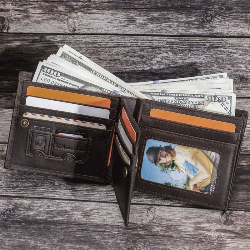 Youyo Ví Ngắn Gập Ba Bằng Da Bò Có Ngăn Đựng Thẻ Tín Dụng RFID Chống Trộm Vintage Cho Nam