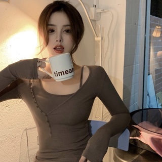 Áo thun tay dài dáng ôm phối nút thời trang mùa thu cho nữ