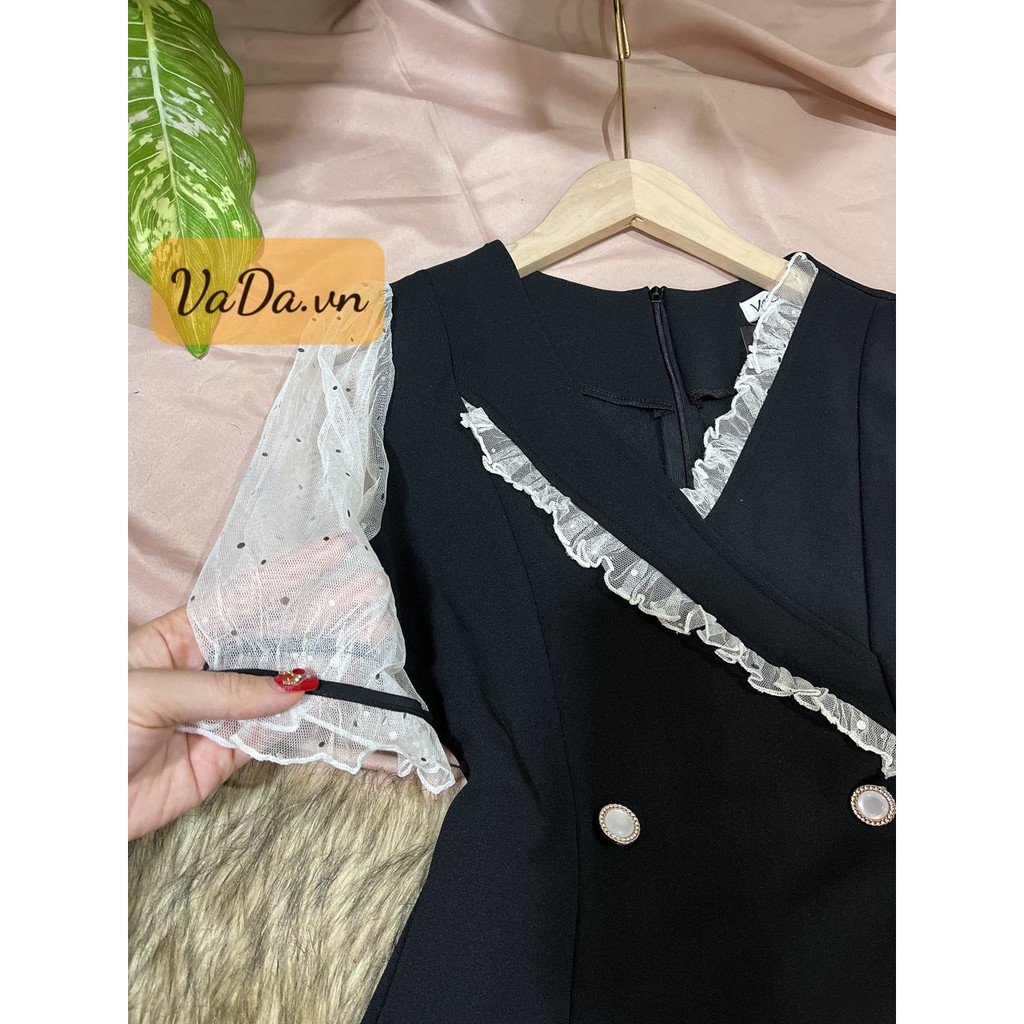 Đầm Suông cổ V viền phối tay lưới kim tuyến đơn giản xinh xắn đi chơi, dạo phố, dự tiệc - Thời Trang VADA - (Đ26) | BigBuy360 - bigbuy360.vn