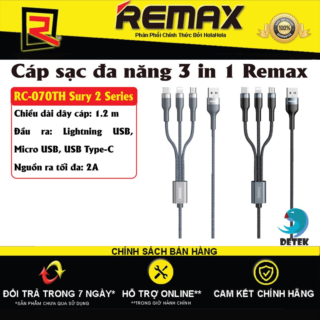 Cáp sạc đa năng 3 in 1 Remax RC-070TH Sury 2 Series 1 Cổng Lightning 1 Cổng Type C 1 Cổng MicroUSB