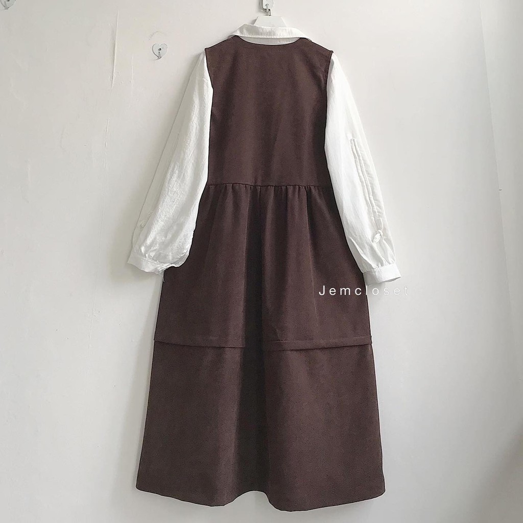 Yếm váy dài JEMCLOSET 2 màu Đen &amp; Nâu Anko Chất Liệu Nhung Mĩ Dáng Váy Chữ A Bồng Bềnh Dễ Thương Mềm Mại - 7145