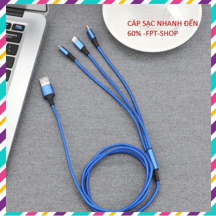 Cáp Sạc Ba Đầu Lightning + Type-C + Micro Usb - CS01 - Sạc Nhanh 3.0A, Truyền Dữ Liệu Cao 3 Trong 1 Android , Iphone