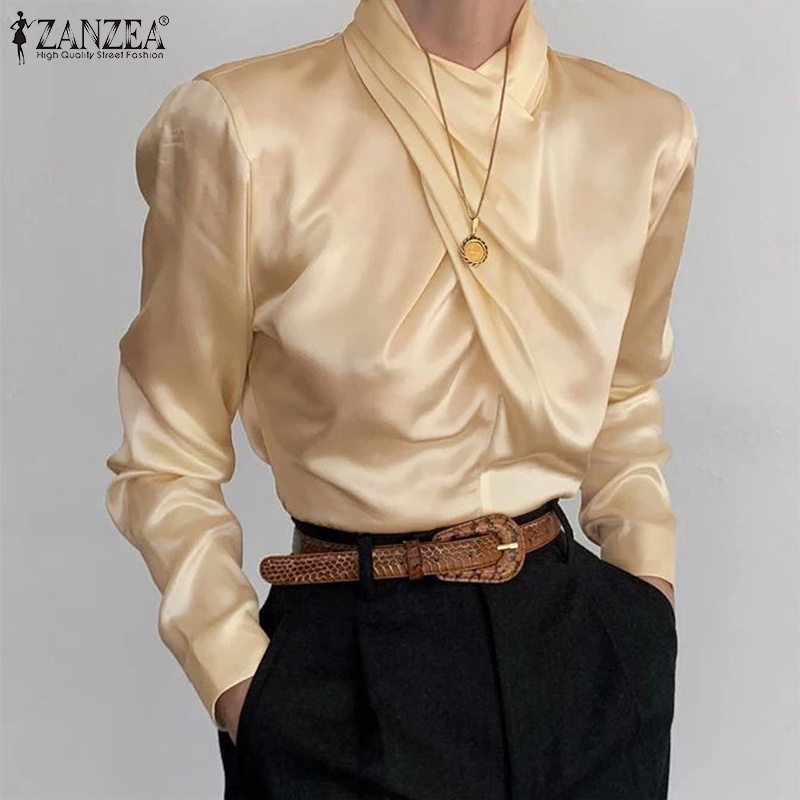 Áo kiểu nữ ZANZEA dài tay cổ đứng thắt nút đơn giản thời trang châu Âu