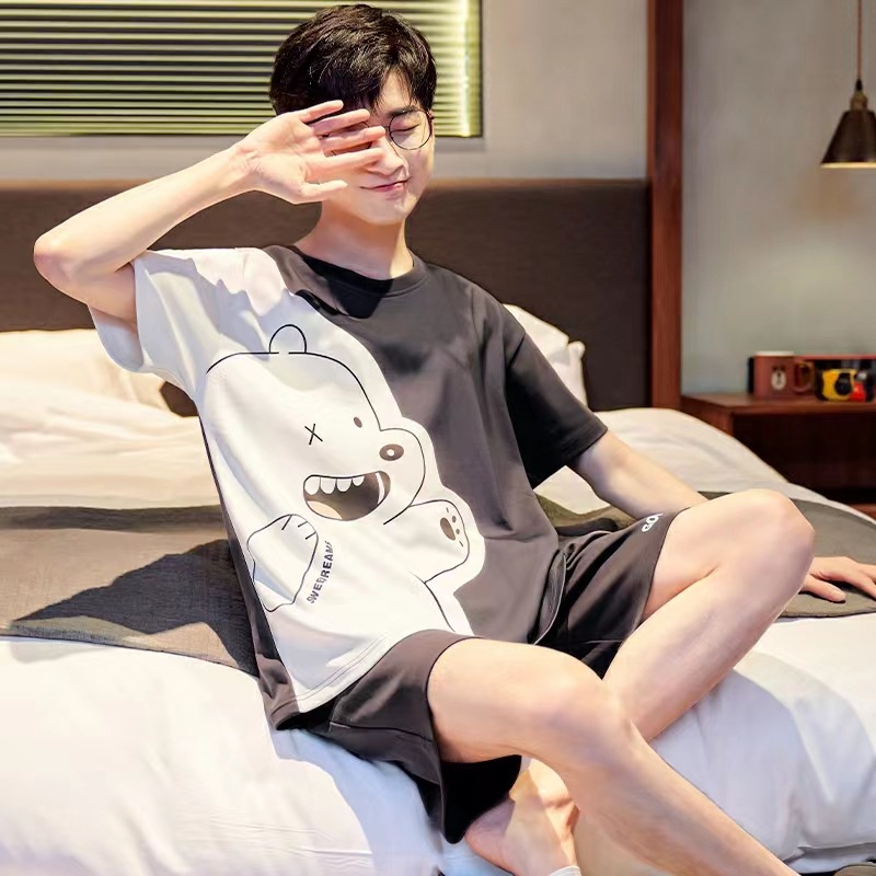 Bộ Đồ Ngủ Tay Ngắn Chất Liệu Cotton Mỏng In Họa Tiết Hoạt Hình Thời Trang Xuân Hè Cho Nam