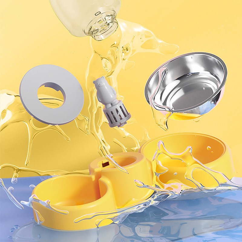 Bình uống nước tự động kèm bát ăn nghiêng chống gù đa năng 2in1 cho chó mèo