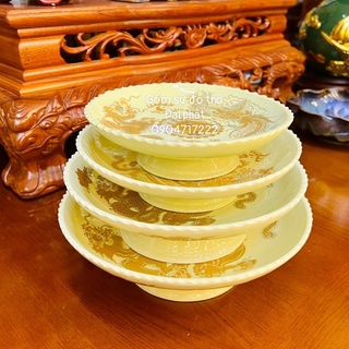 Mâm bồng màu vàng, mâm dâng ngũ quả ban thờ vàng kim liền chân chất liệu gốm sứ