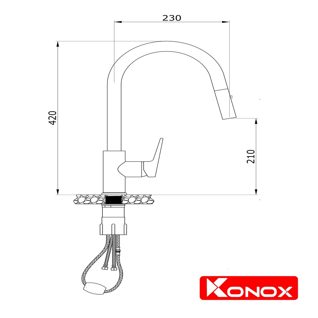 Vòi rửa bát rút dây KONOX KN1900 hợp kim đồng 61% tiêu chuẩn Châu Âu CW617N, bề mặt xử lý công nghệ PVD Chrome 5 lớp