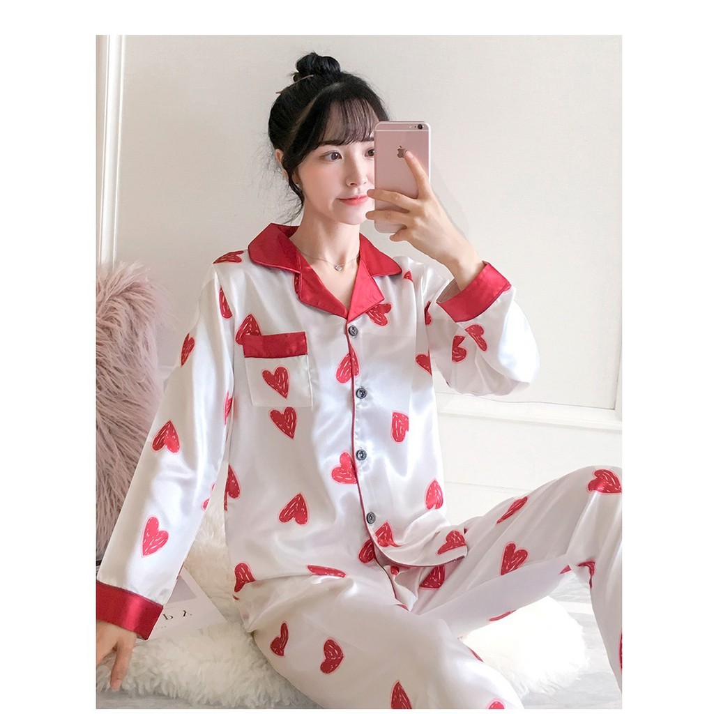 Đồ Bộ Pijama  Đồ Ngủ Nữ Lụa Dài Tay  Bộ Mặc Nhà Nữ Cao Cấp Họa Tiết Trái Tim Yêu  IVY056