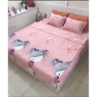 Sản xuất Bộ ga 1M4 kèm 2 vỏ gối nằm poly mẫu cô gái đeo túi hồng