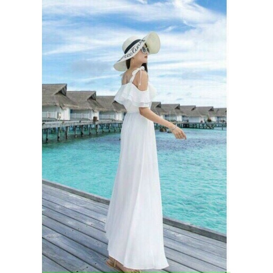 ĐẦM MAXI váy maxi đi biển dự tiệc TRẮNG TRỄ VAI 2 DÂY