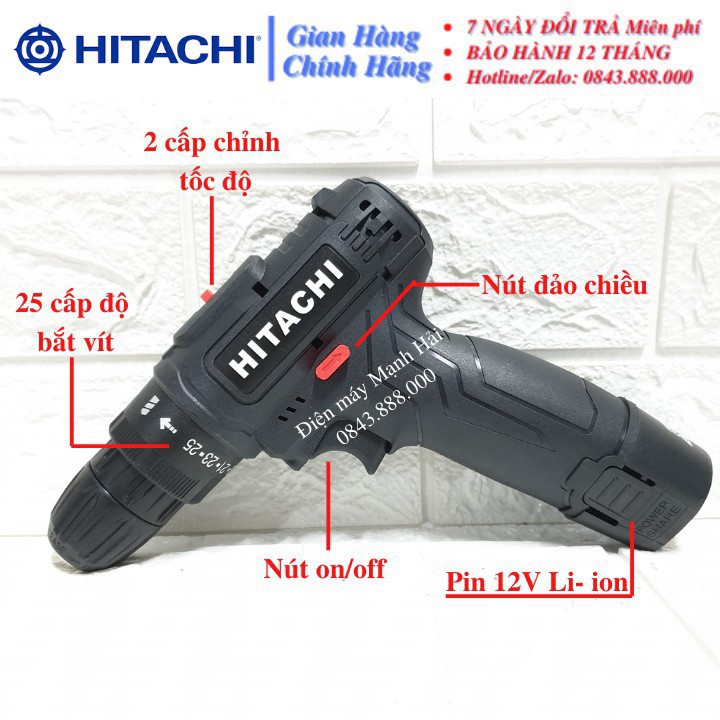 [CHÍNH HÃNG] Máy khoan pin HITACHI 12V, Bắn Vít, Vặn vít - Khoan cầm tay 2 cấp tốc độ, 100% đồng, Siêu bền, Có Đèn Chính