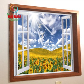 Tranh dán tường 3D cửa sổ Vải lụa phủ kim sa