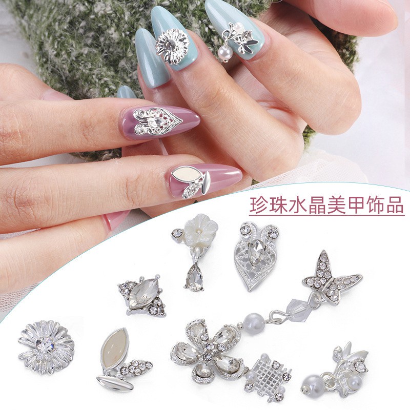 [Hàng mới về] Phụ kiện trang trí móng đính đá/ngọc trai giả bằng hợp kim màu bạc phong cách retro linh hoạt DIY