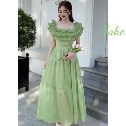 Đầm maxi trễ vai màu xanh bơ đi biển đi du lịch cực xinh hàng thiết kế cao cấp Tahe V114