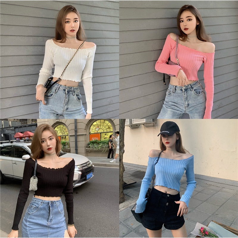 Set croptop dệt kim trễ vai dài tay dáng rộng phong cách Hàn Quốc thời trang