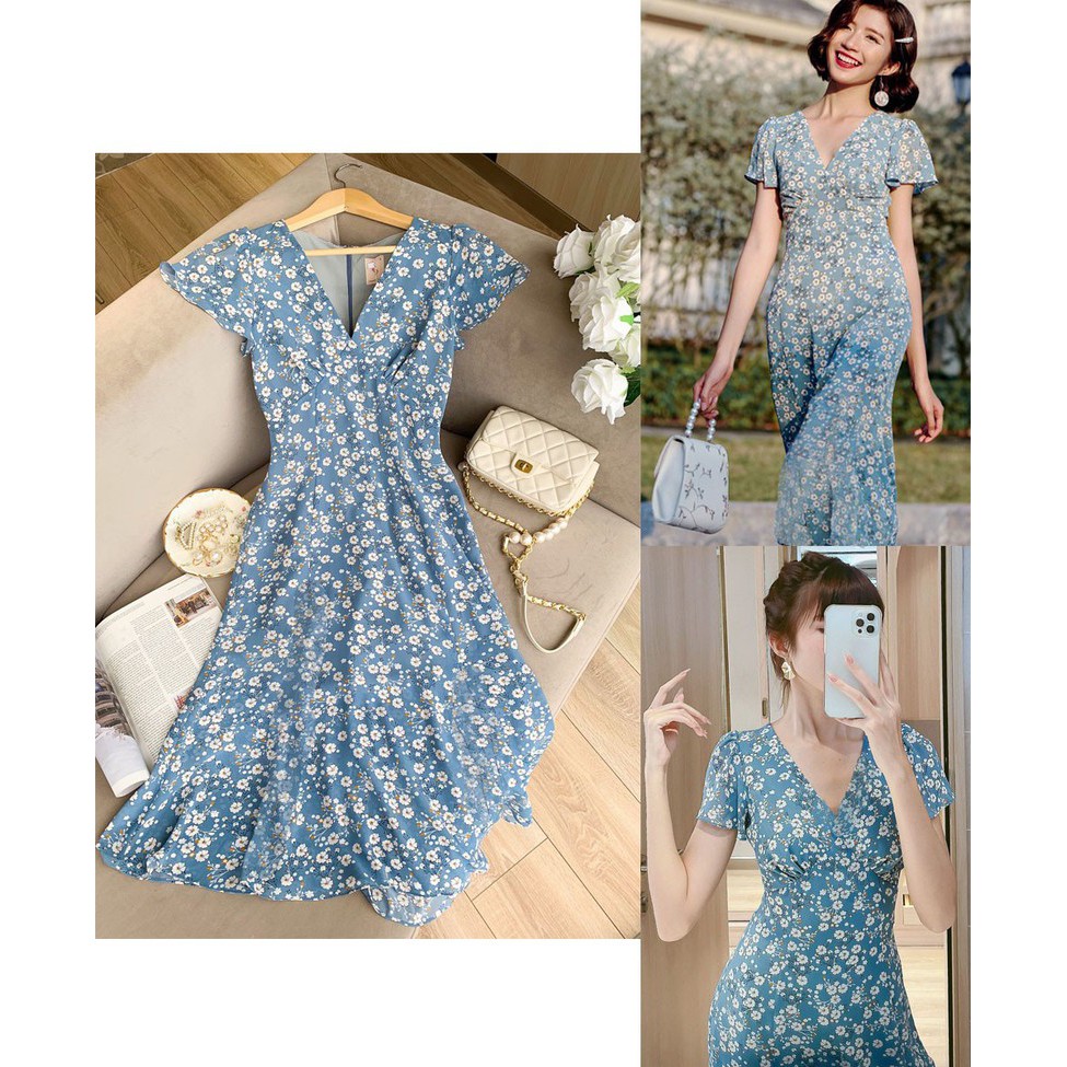 ❣️FREESHIP❣️ ĐẦM MAXI HOA  CỔ TIM BLUE Nhiều Size Form Thiết Kế Phom dáng ĐẦM chuẩn đẹp,
