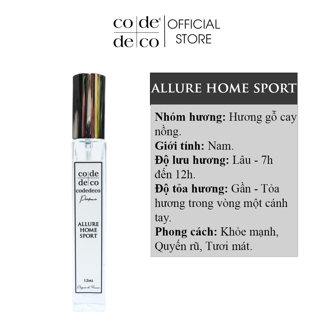 [Mã SKAMLTSM9 giảm 10% đơn 99K] Tinh Dầu Nước Hoa Code Deco Allure Home Sport 12ml, Khỏe mạnh , Quyến rũ , Tươi mát