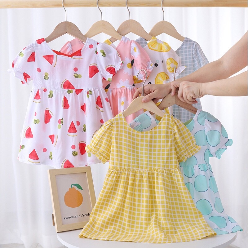 Váy Mùa Hè Vải Lanh Cho Bé Gái Tay Bồng Đáng Yêu