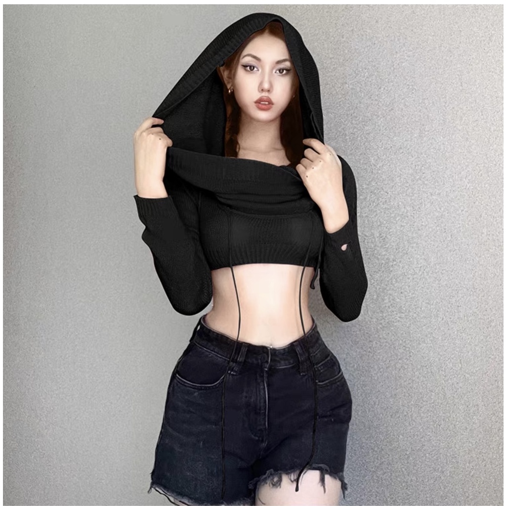Áo len croptop tay dài mũ trùm đầu cá tính thời thượng Sylcue