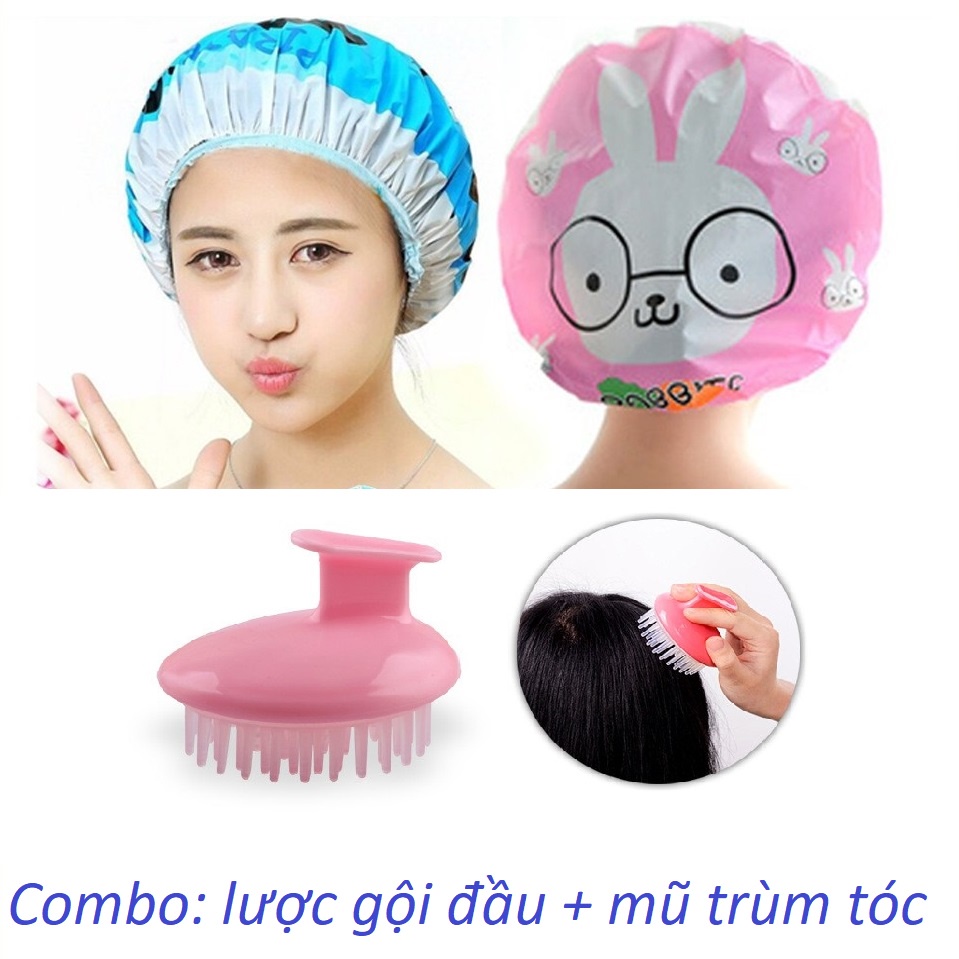 Combo: lược gội đầu giúp hạn chế rụng tóc + mũ trùm tóc khi tắm