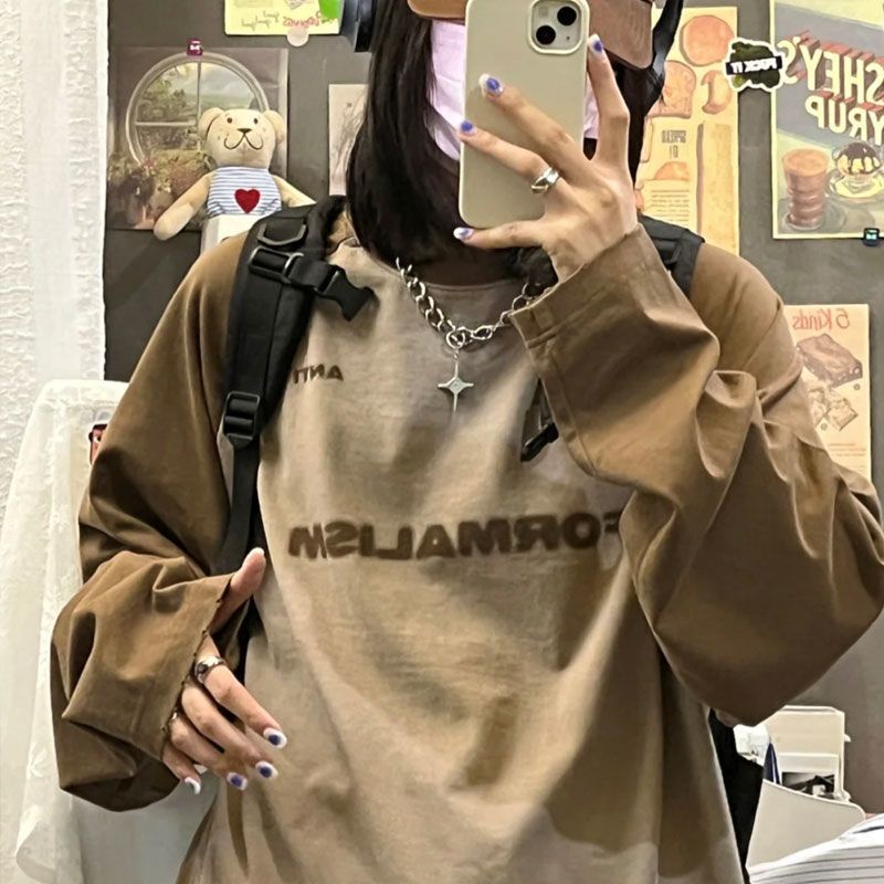 Bán Chạy!Áo Thun 100% Cotton Tay Dài Cổ Tròn In Chữ Phong Cách Retro Mỹ
