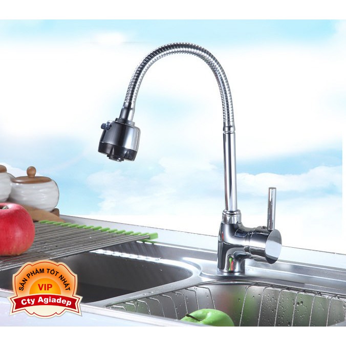 Vòi rửa chén nóng lạnh (cổ mềm) Hợp kim + 2 dây cấp