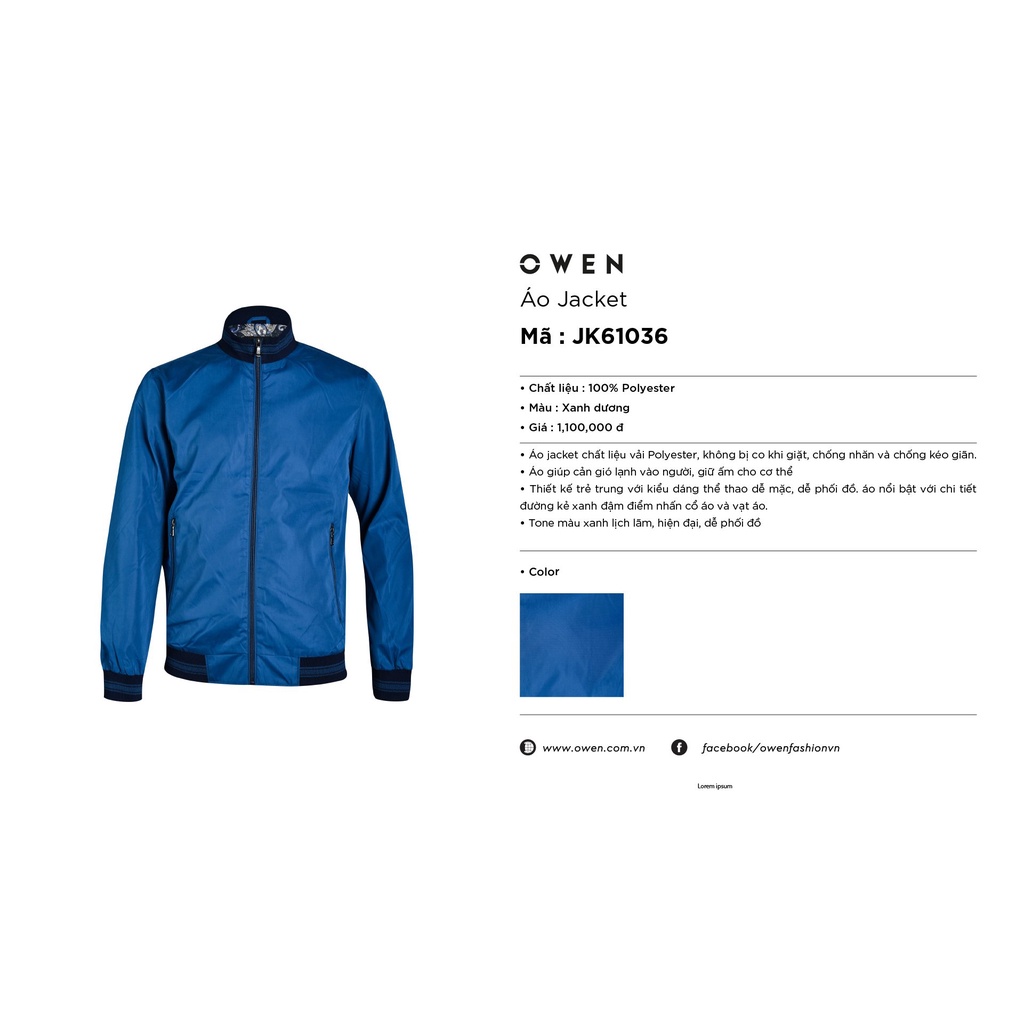 Áo Khoác Nam Owen JK61036 Jacket Dáng Suông Màu Xanh Da Trời Trơn Cổ Tay Và Gấu Áo Bo Chun Tiện Lợi Phối Màu Trẻ Trung