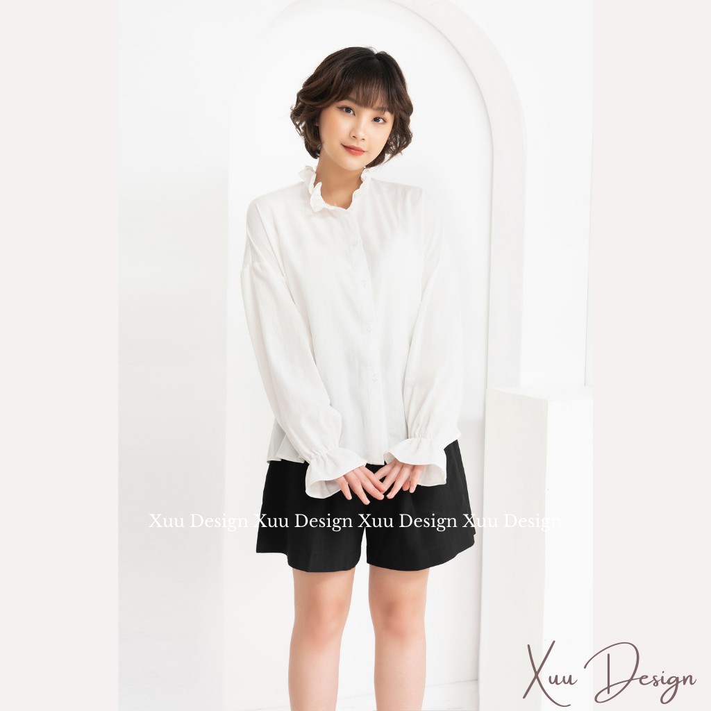 Áo sơ mi trắng nữ Xuu Design ,áo sơ mi kiểu tay bồng cổ bèo điệu đà chất vải đũi SP32