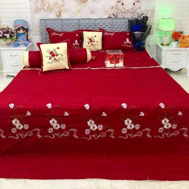 Bộ chăn ga gối phòng cưới trần phủ 7 món satin - 05