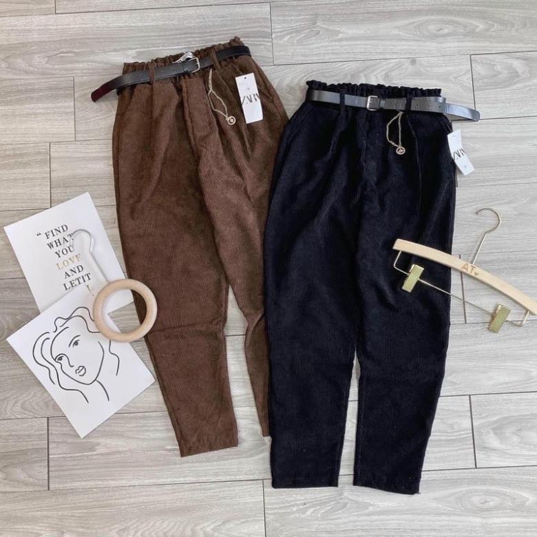 Quần baggy nữ SUNNNY nhung tăm dài 2 màu đen nâu (ko kèm đai)