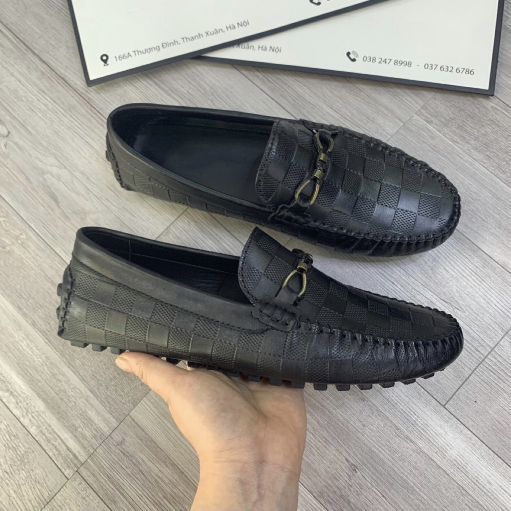 Giày lười GUCI da bò cho Nam có khóa đồng họa tiết caro, đế khâu chỉ chắc chắn KÈM HỘP và bảo hành 12 tháng